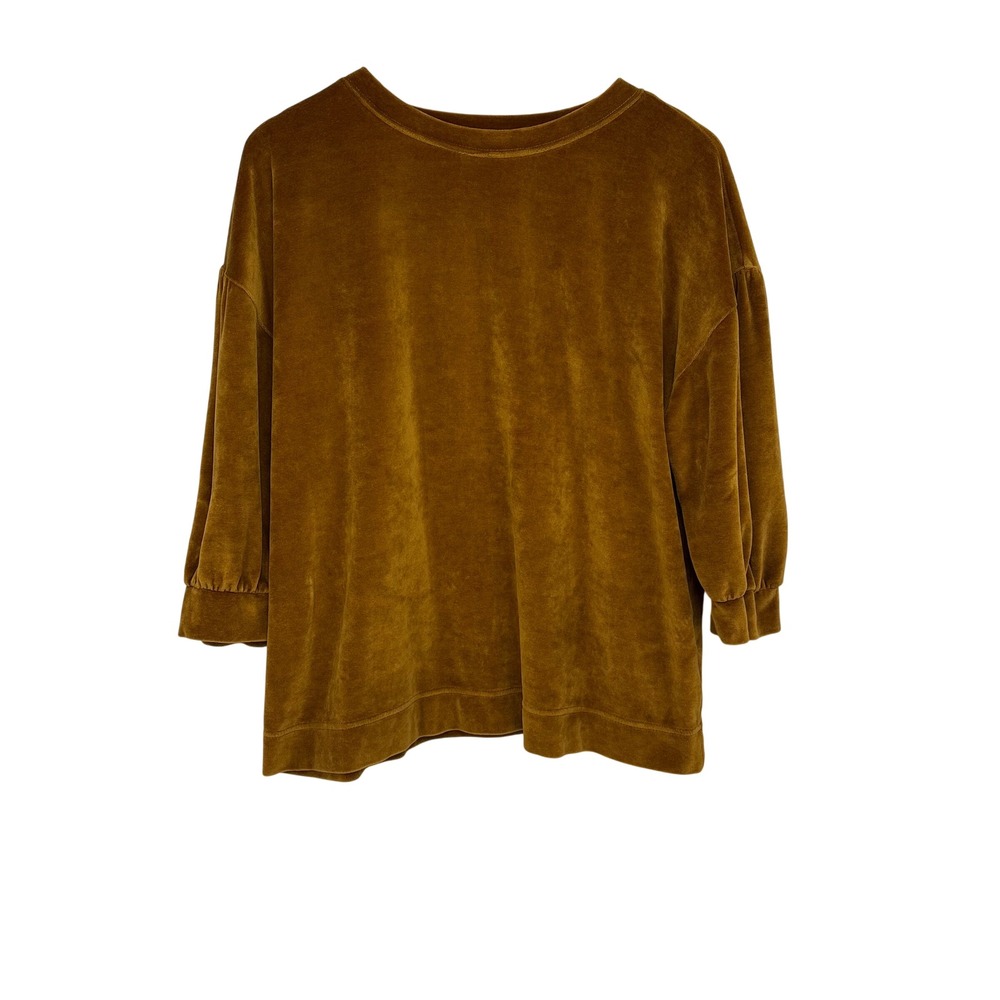 Garnet Hill Women Mustard Gold Organic Cotton Modal Velour Puff Sleeve Top L